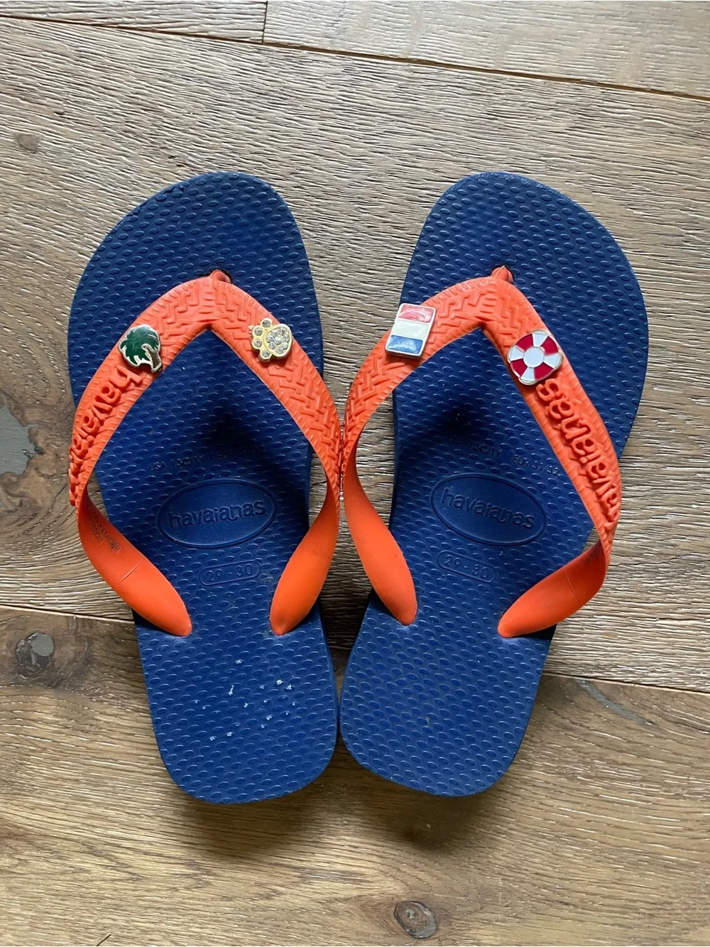 Havaianas Kids Navy Blue & Orange Flip Flops with Charms 13 1Y